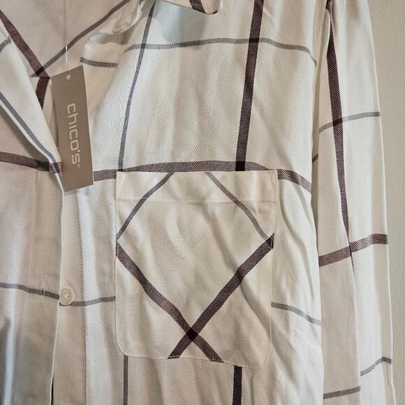 CHICO'S Womens Size 1 Medium Plaid Button Up Blouse Top Long Sleeve White - Picture 7 of 7